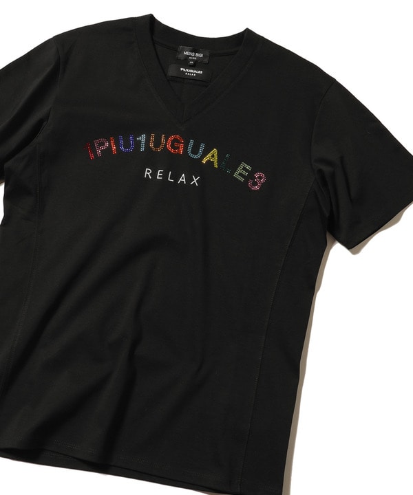 <1PIU1UGUALE3 RELAX(ウノ ピゥ ウノ ウグァーレ トレ リラックス)>ロゴラインストーンTシャツ 詳細画像 ブラック 1