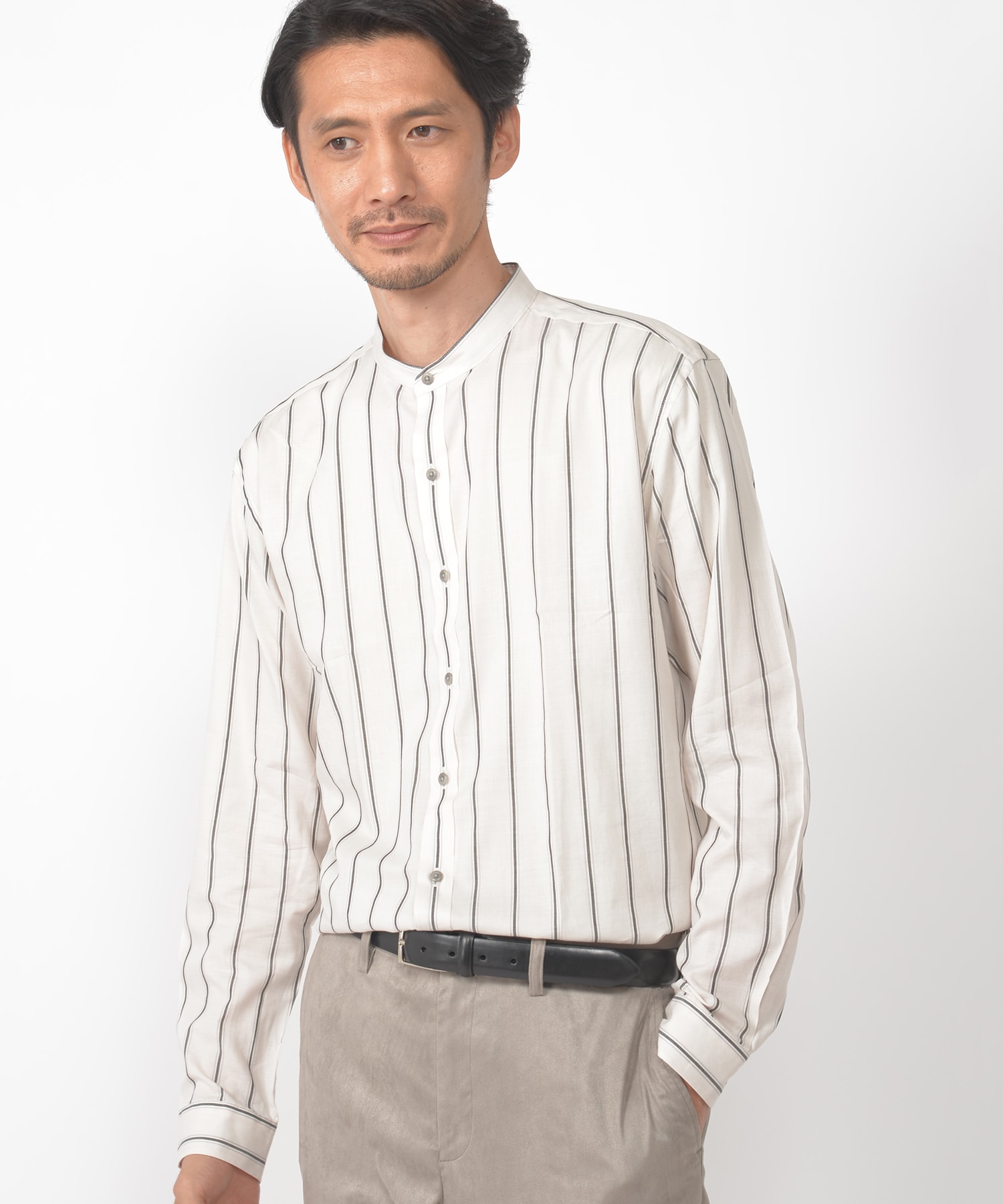 ワイドストライプ柄ツイルバンドカラーシャツ メンズファッション通販 Men S Bigi Online Store メンズビギ オンラインストア