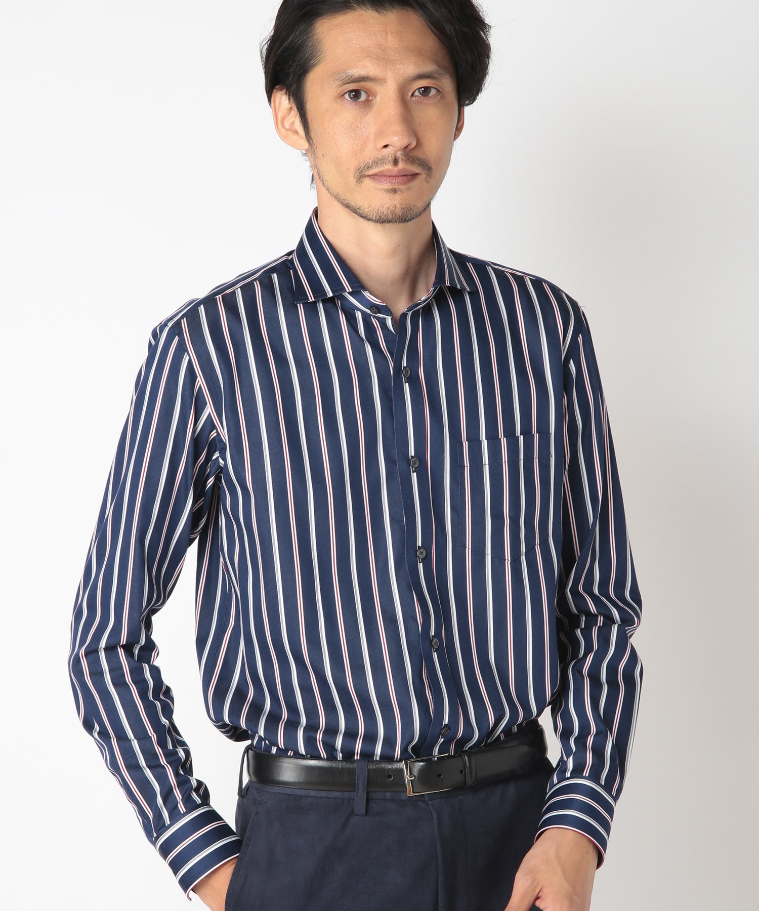 日本製 メンズビギ 赤青ストライプボタンダウンシャツ-
