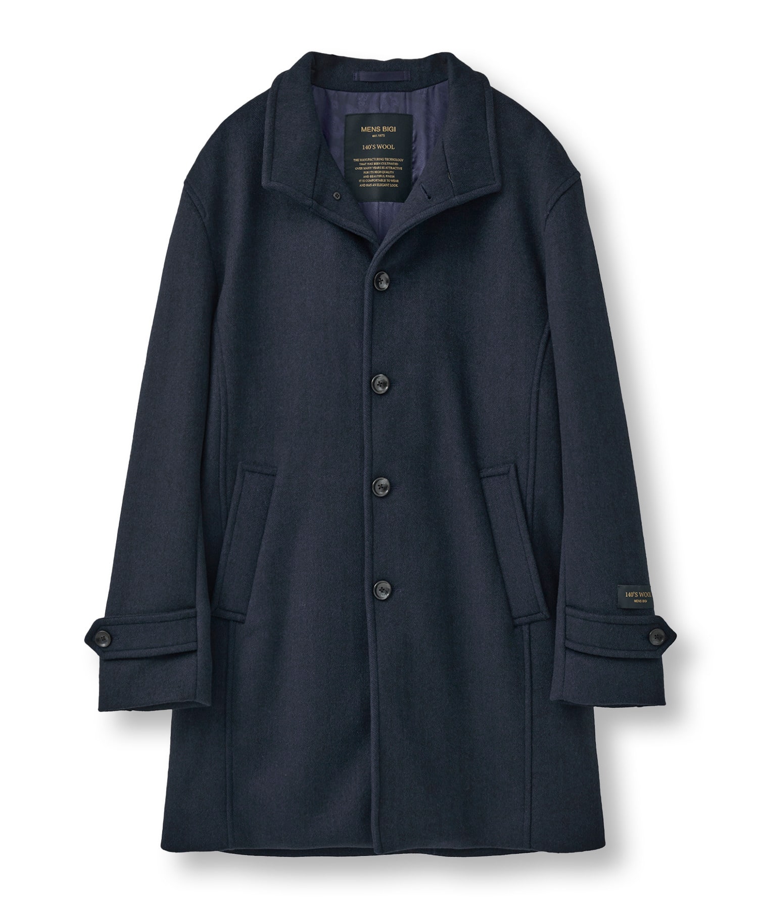 Super140ウールヘリンボーンビーバー スタンドカラーコート｜メンズ