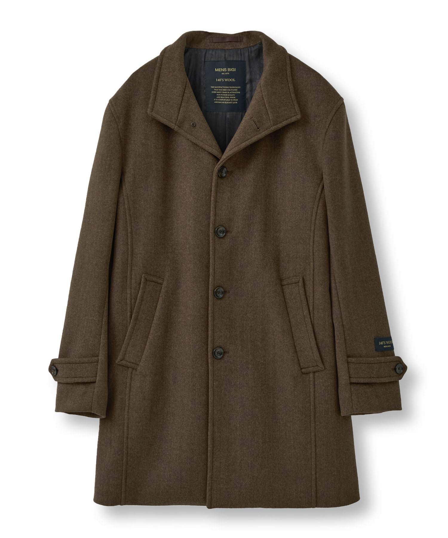 Super140ウールヘリンボーンビーバー スタンドカラーコート｜メンズ