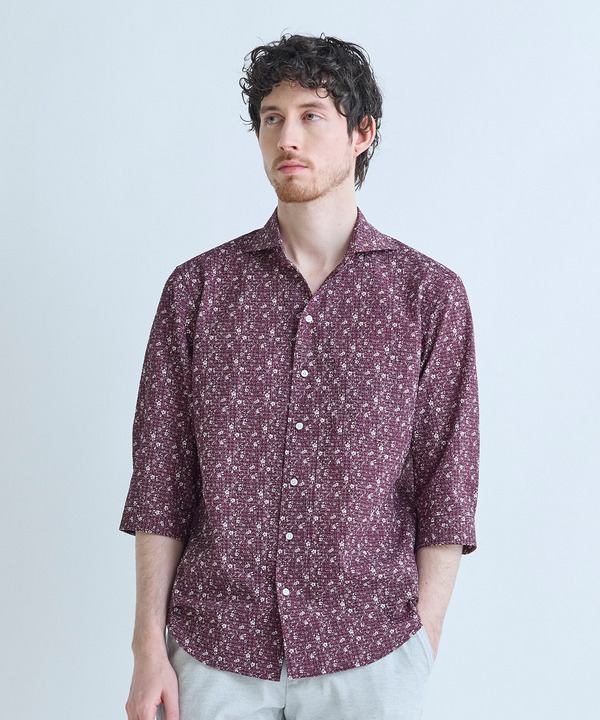 千鳥格子xフラワープリント七分袖シャツ＜吸水速乾、ストレッチ＞ 詳細画像 1