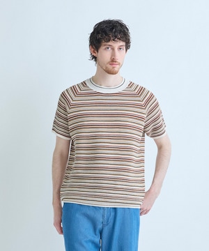 マルチカラーボーダー半袖ニットTシャツ