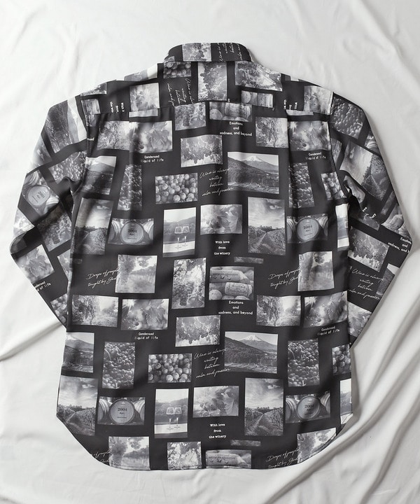【大人気】レトロ アシンメトリー 風景 フォト 総柄 デザインシャツ グレーひなの古着屋