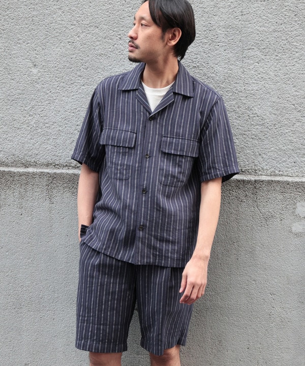 綿麻ストライプオープンカラー半袖シャツ｜メンズファッション通販
