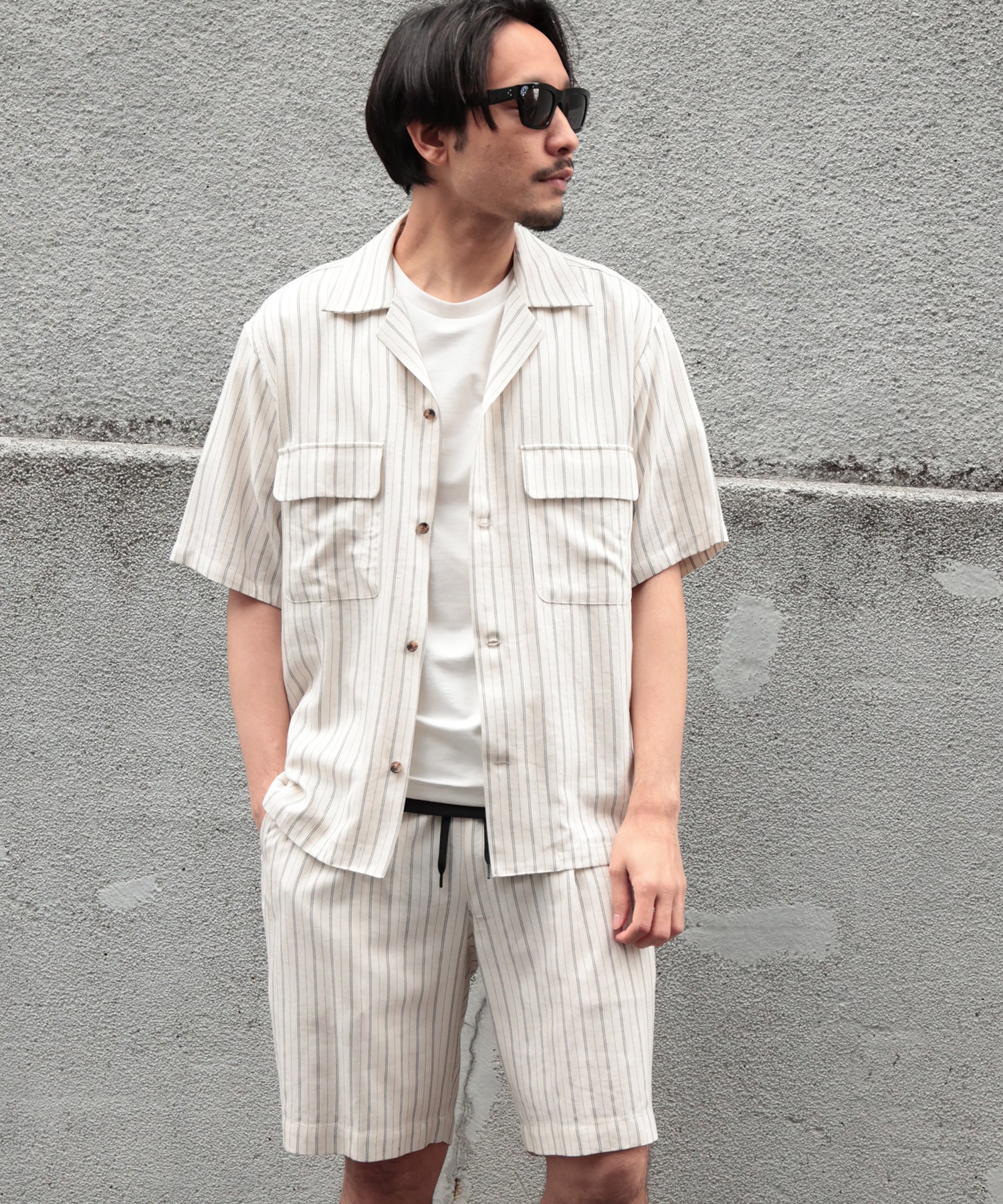 綿麻ストライプオープンカラー半袖シャツ｜メンズファッション 