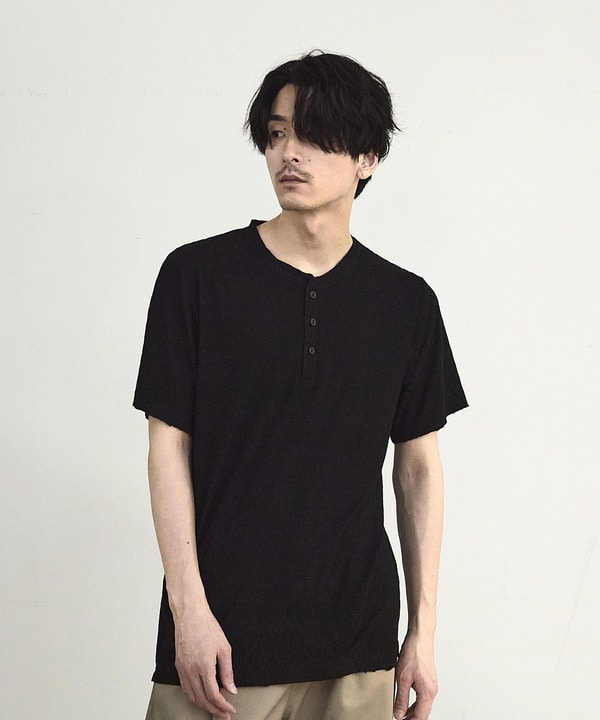 ヘリンボーンジャガードヘンリーネックTシャツ 詳細画像 ブラック 1
