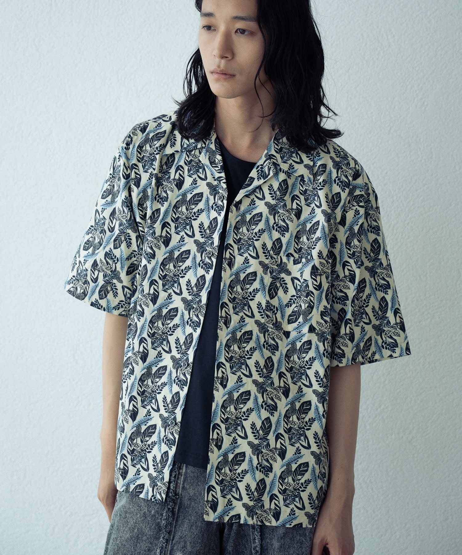 Drake's オーバーシャツ ヘリンボーンコットン【春秋冬】M リーフプリントオープンカラー半袖シャツ｜メンズファッション