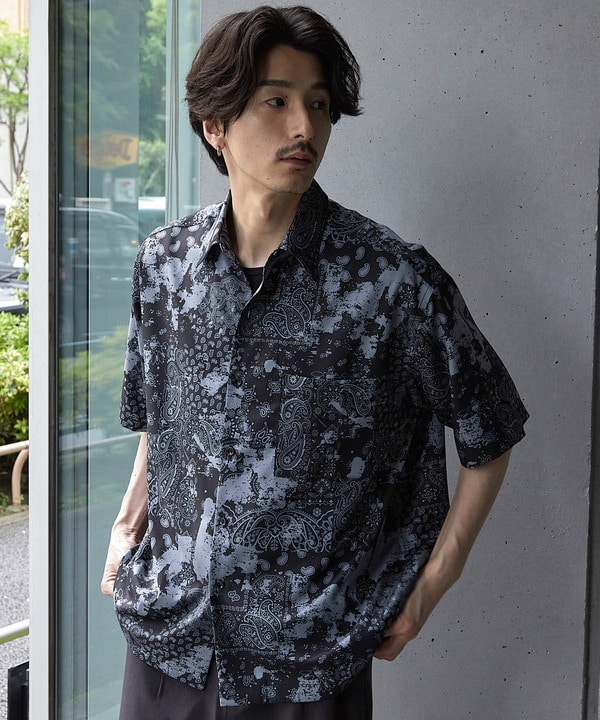総柄プリントレギュラーカラールーズドレープ半袖シャツ 詳細画像 ブラック系 1