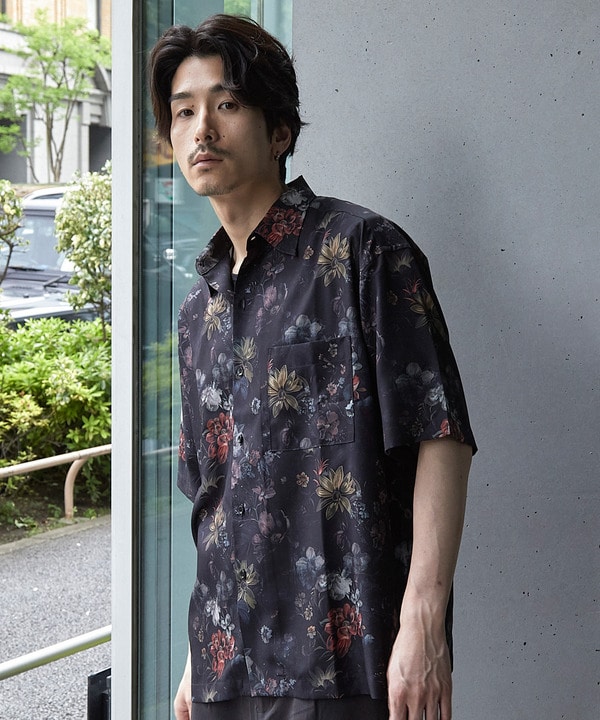 総柄プリントレギュラーカラールーズドレープ半袖シャツ 詳細画像 ブラック×レッド 1