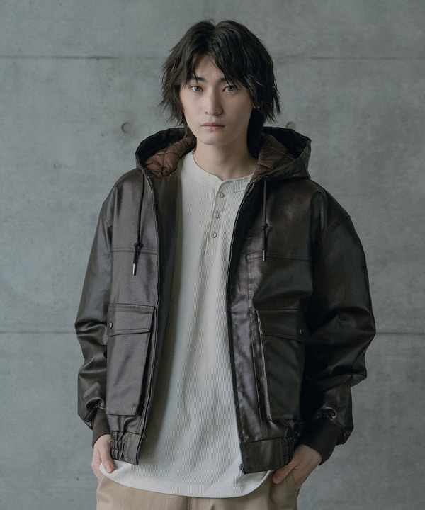 ビンテージシンセティックレザーA-2タイプパーカーブルゾン 詳細画像 4