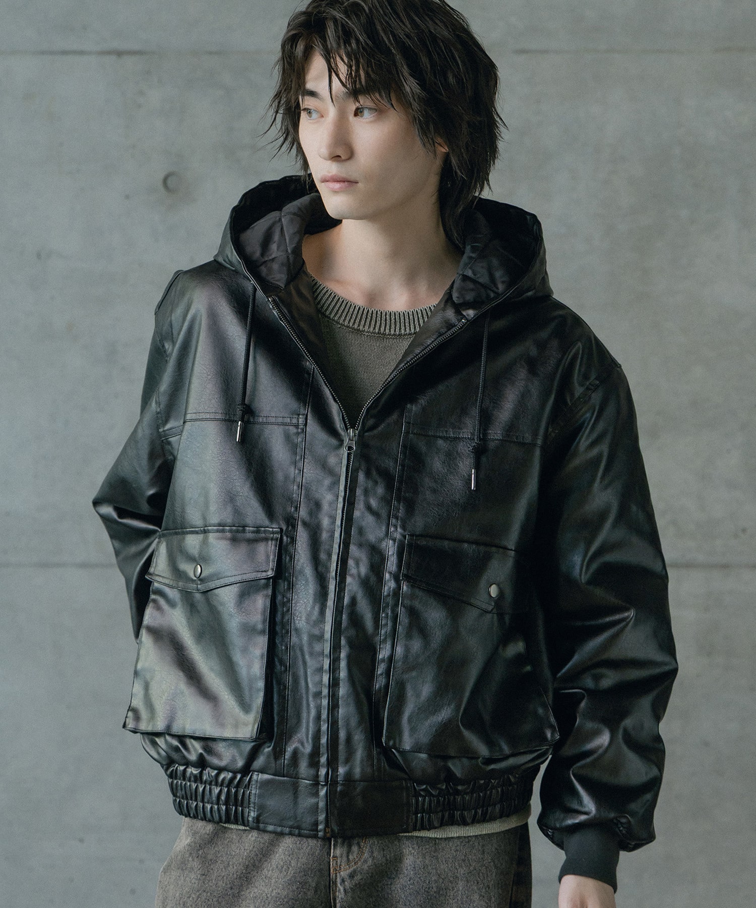 ビンテージシンセティックレザーA-2タイプパーカーブルゾン｜メンズ