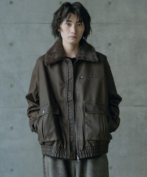 ビンテージシンセティックレザーファーカラー脱着フライトブルゾン 詳細画像 5