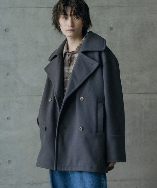 フェイクメルトンオーバーサイズビッグカラーピーコート 詳細画像 グレー 1