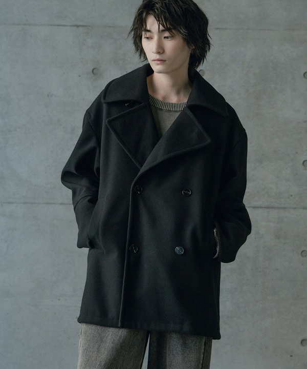 フェイクメルトンオーバーサイズビッグカラーピーコート 詳細画像 ブラック 1