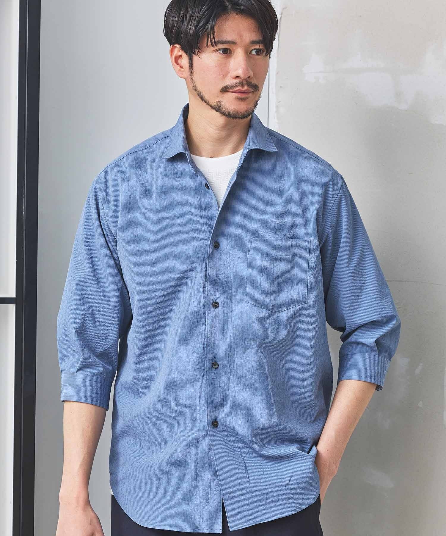 ナチュラルストレッチワッシャー七分袖ワイドカラーシャツ｜メンズ