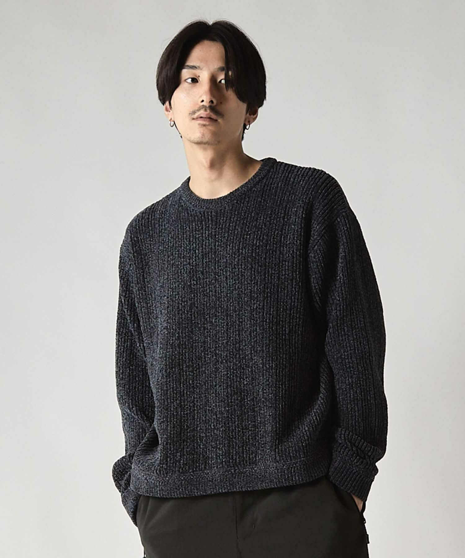 WEB限定 ランダムストライプ ルーズフィット モールニット