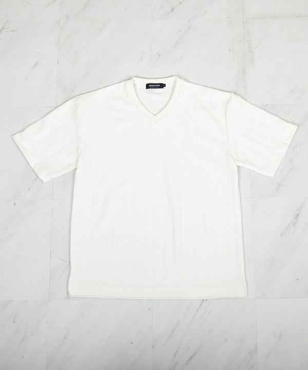 ストライプウェーブジャガード VネックTシャツ 詳細画像 ホワイト 1