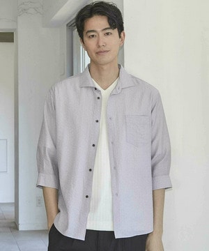 タックストライプローン7分袖シャツ