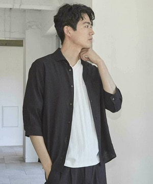 タックストライプローン7分袖シャツ