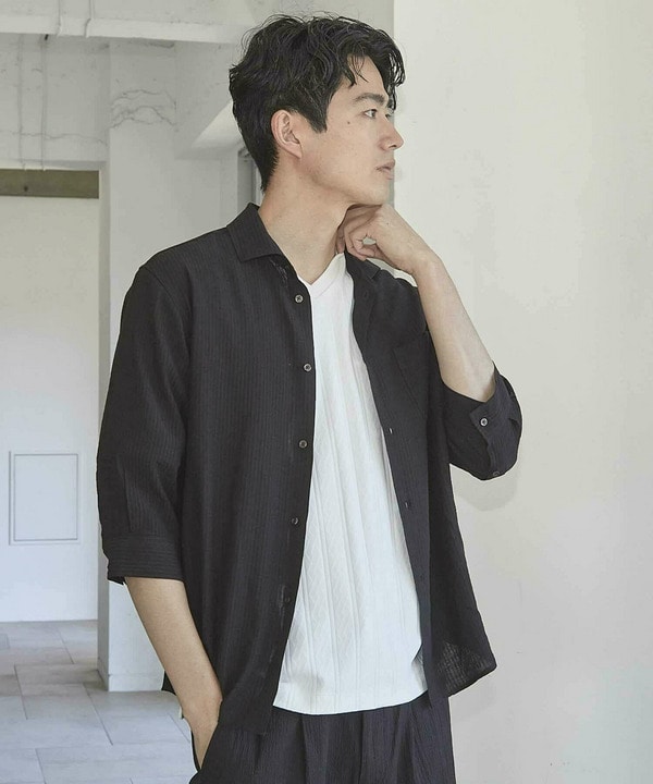 タックストライプローン7分袖シャツ 詳細画像 ブラック 1