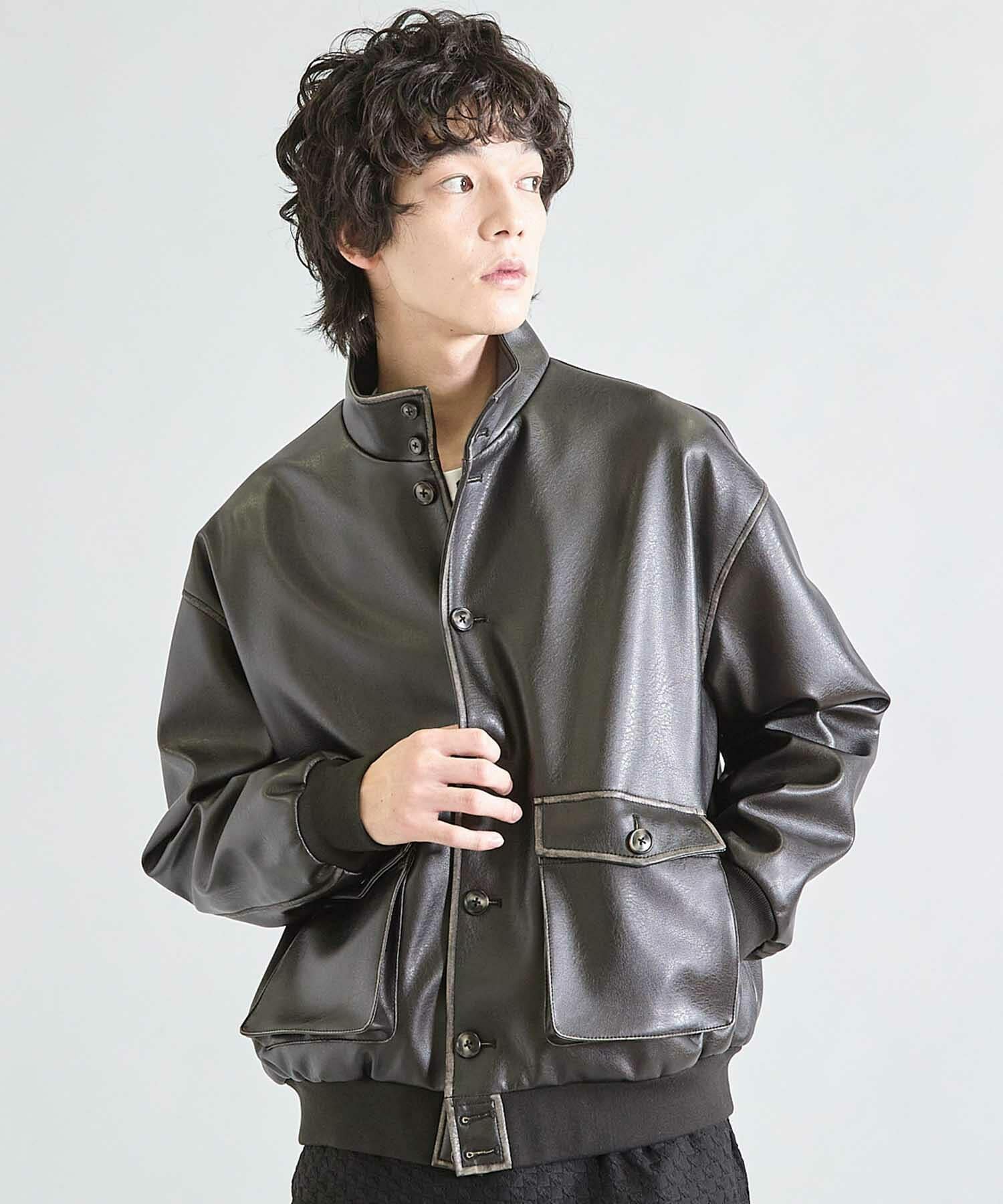 HERMES スタンドカラーブルゾン レザーパイピング L相当 ブラック系 HERMES スタンドカラーブルゾン レザーパイピング L相当 ブラック系