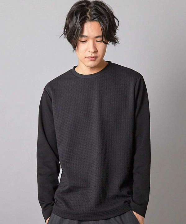 異素材コンビ ワッフルジャガードTee 詳細画像 ブラック 1