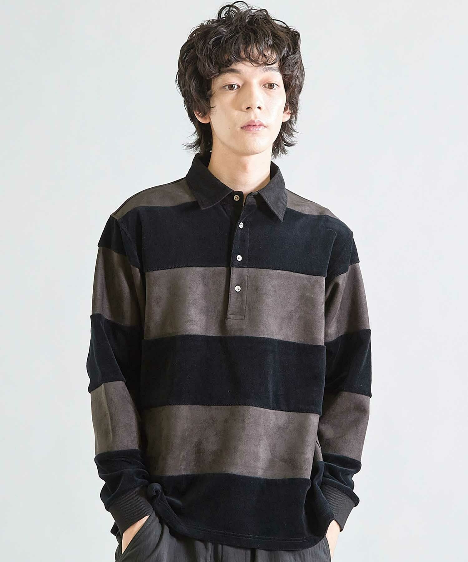 カットベロア×フェイクスエードボーダー ラグビーシャツ｜メンズ