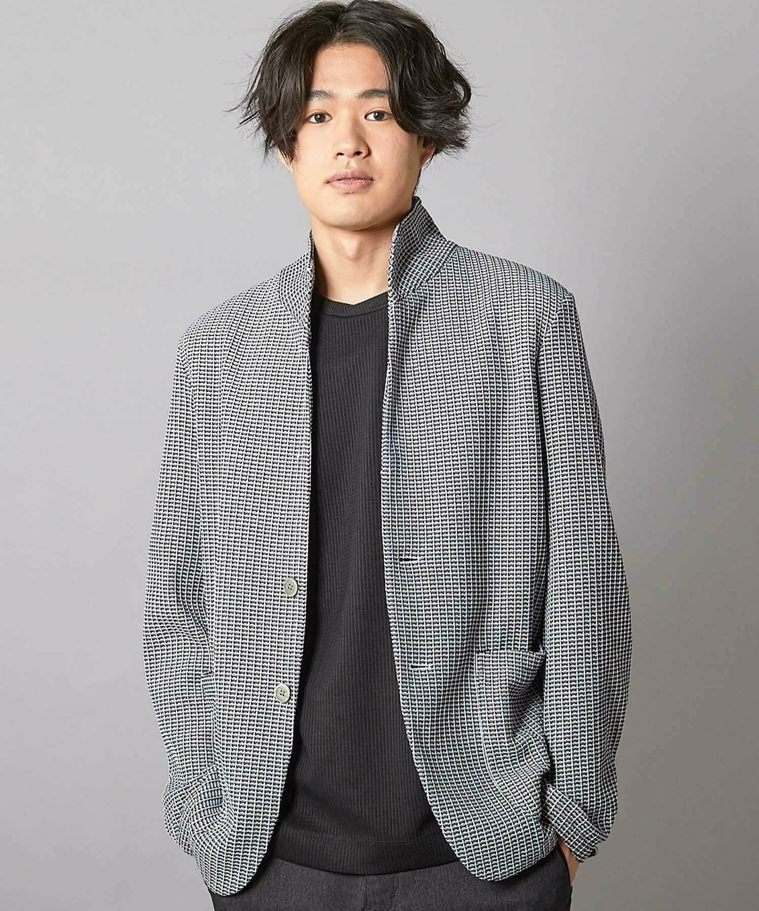 ワッフルニットジャガード スタンドカラージャケット｜メンズ