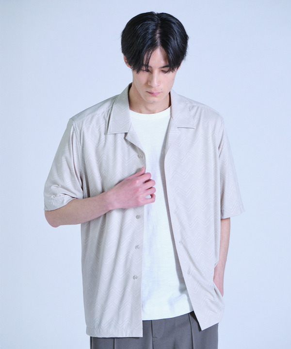 ヘリンボンジャージーオープンカラー半袖シャツ 詳細画像 1