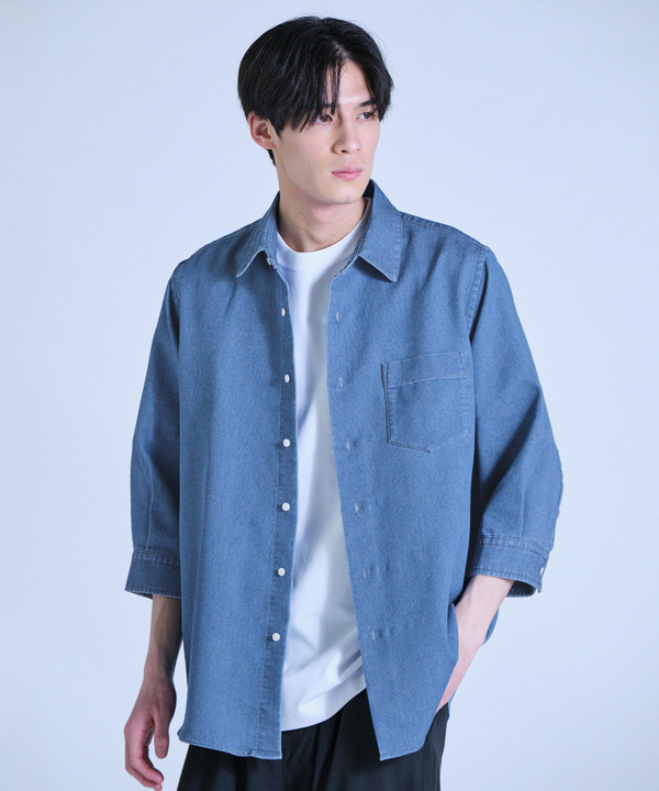 メッシュデニムクロップドスリーブシャツ＜ストレッチ・ハンドウォッシャブル・通気性＞ 詳細画像 1