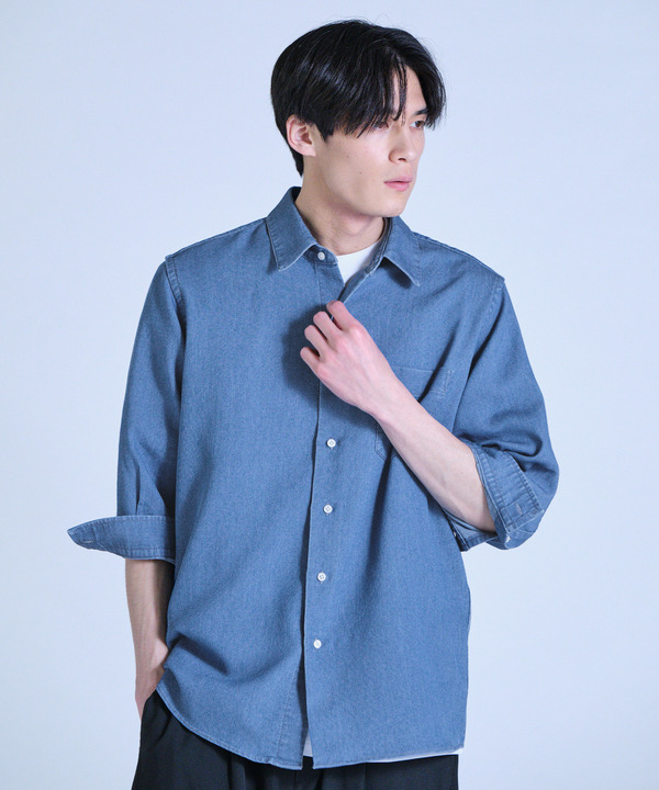 メッシュデニムクロップドスリーブシャツ＜ストレッチ・ハンドウォッシャブル・通気性＞ 詳細画像 2