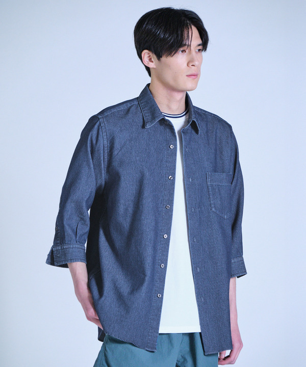 メッシュデニムクロップドスリーブシャツ＜ストレッチ・ハンドウォッシャブル・通気性＞ 詳細画像 4