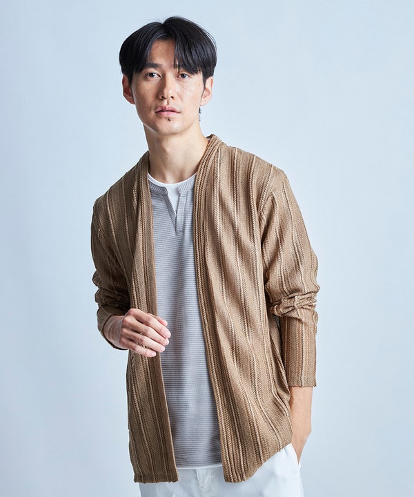 <ストレッチ・マシンウォッシャブル・接触冷感・通気性>シアジャガードストライプカーディガン 詳細画像 1