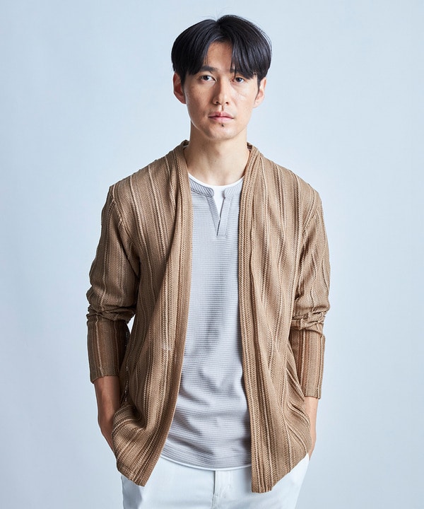 <ストレッチ・マシンウォッシャブル・接触冷感・通気性>シアジャガードストライプカーディガン 詳細画像 ベージュ 1