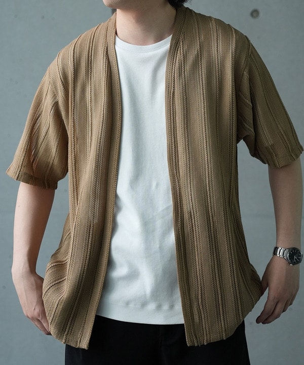 【WEB限定】シアストライプ半袖カーディガン＜ストレッチ・マシンウォッシャブル・通気性＞ 詳細画像 ベージュ 1