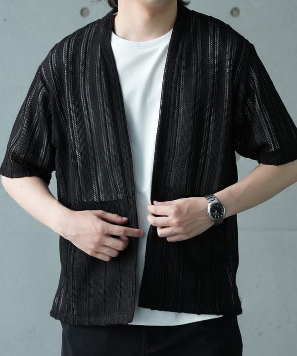 【WEB限定】シアストライプ半袖カーディガン＜ストレッチ・マシンウォッシャブル・通気性＞ 詳細画像 ブラック 1