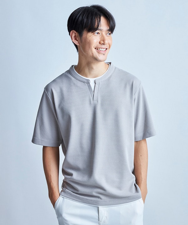 ミニワッフルキーネックレイヤードTシャツ 詳細画像 1