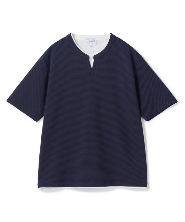 ミニワッフルキーネックレイヤードTシャツ 詳細画像 ネイビー 1