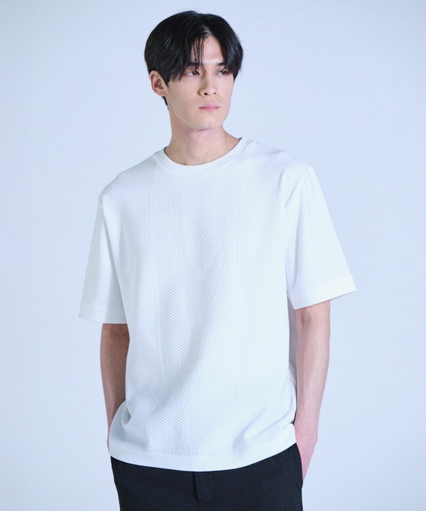 ニット&times;ポンチコンビハーフスリーブTシャツ＜ストレッチ・マシンウォッシャブル＞ 詳細画像 1
