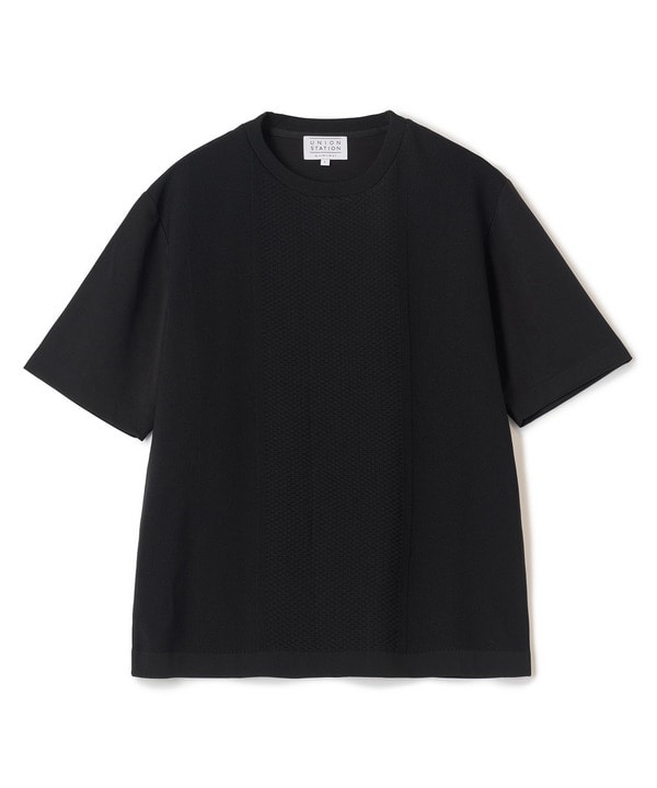 ニット&times;ポンチコンビハーフスリーブTシャツ＜ストレッチ・マシンウォッシャブル＞ 詳細画像 ブラック 1