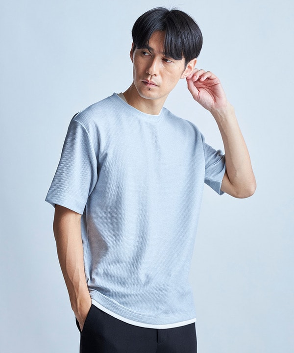 フェイクレイヤードデニム調プリントT＜ストレッチ・速乾・ハンドウォッシャブル・接触冷感＞ 詳細画像 1