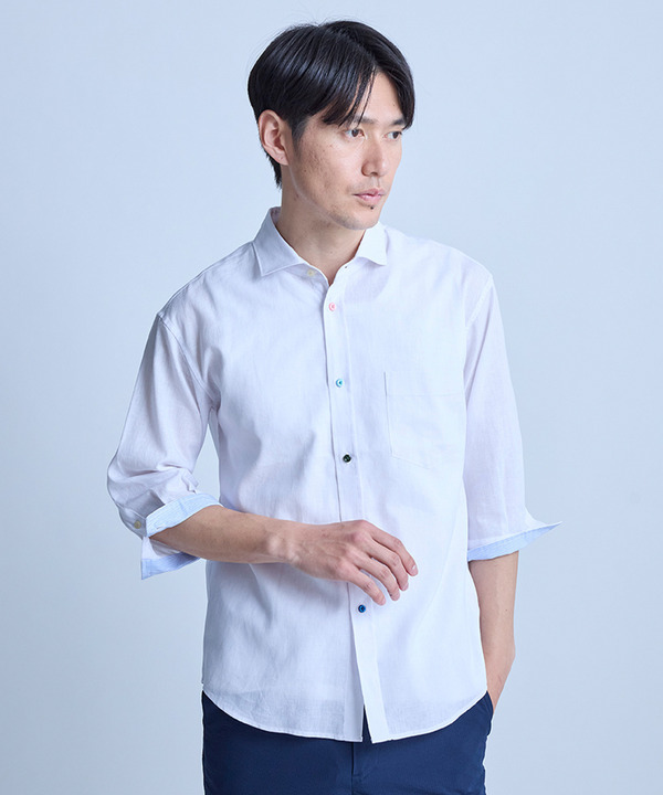 【COOLMAX】フレンチリネンクロップドスリーブシャツ＜マシンウォッシャブル・通気性＞ 詳細画像 1