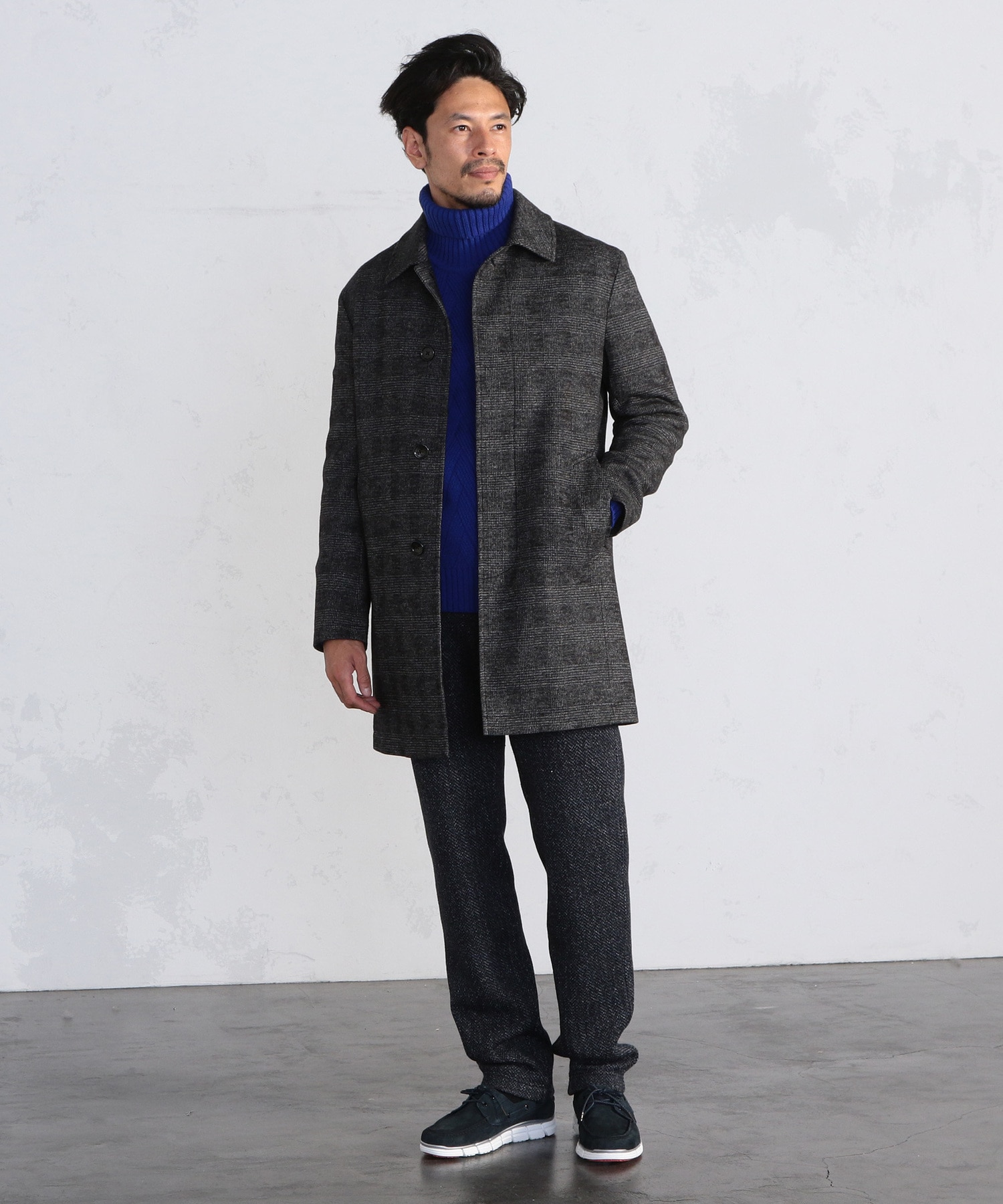 チェックパターンジャージー ステンカラーコート メンズファッション通販 Men S Bigi Online Store メンズビギ オンラインストア