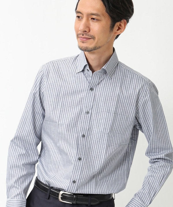 スナップダウン グレー杢ネイビーストライプシャツ メンズファッション通販 Men S Bigi Online Store メンズビギ オンラインストア