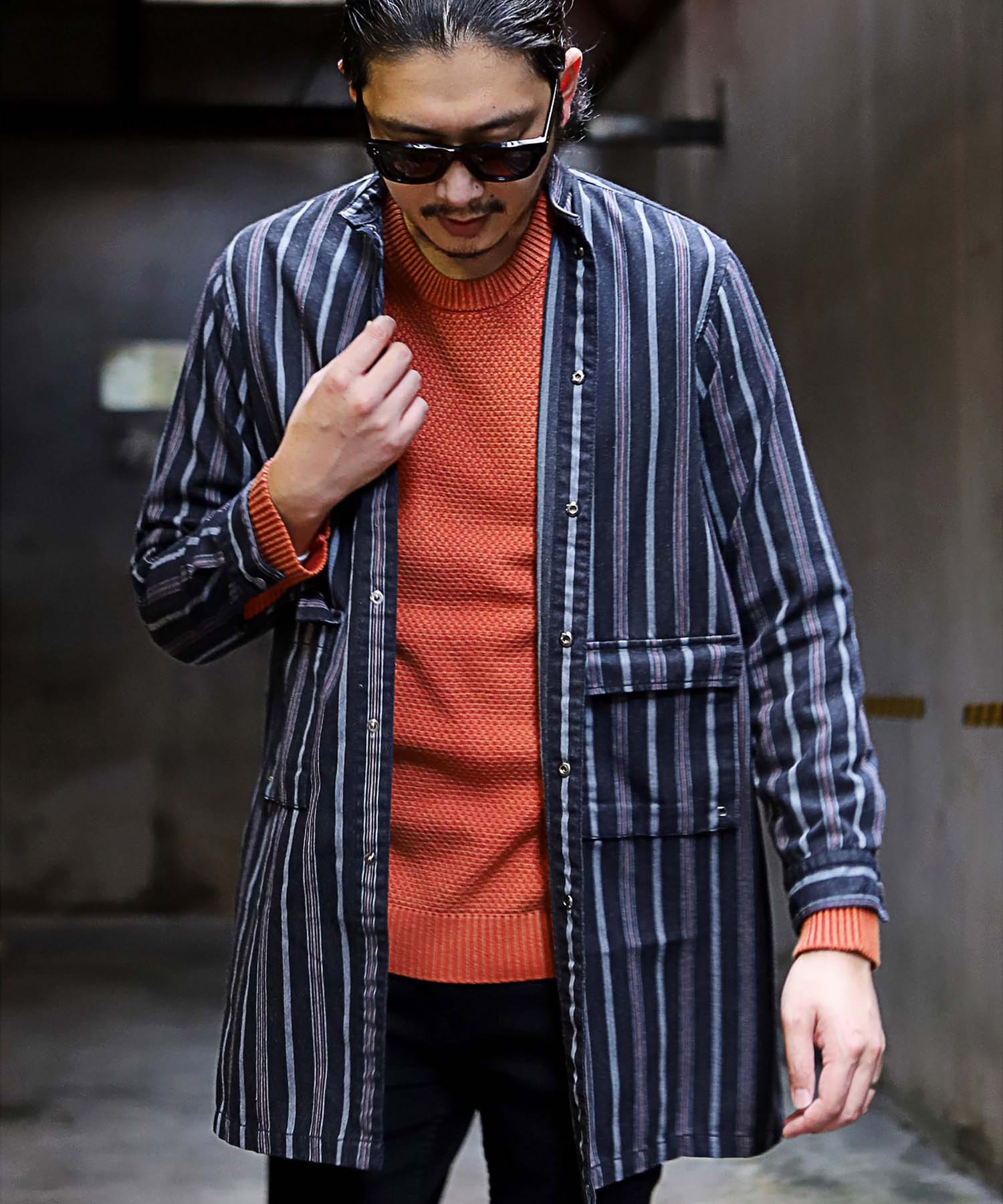 インディゴストライプバンドカラーロングシャツコート メンズファッション通販 Men S Bigi Online Store メンズビギ オンラインストア